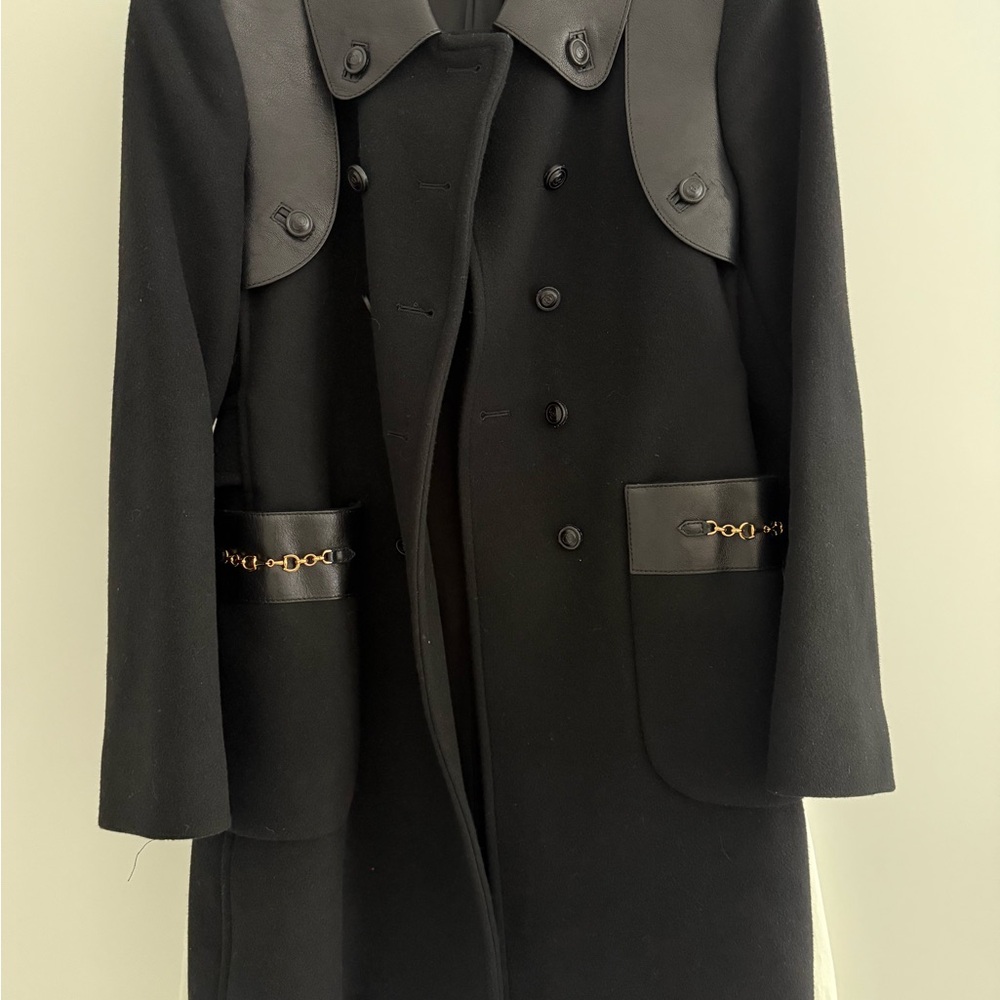 Gucci wool and leather Black Double-Breasted Coat with horsebit Accents